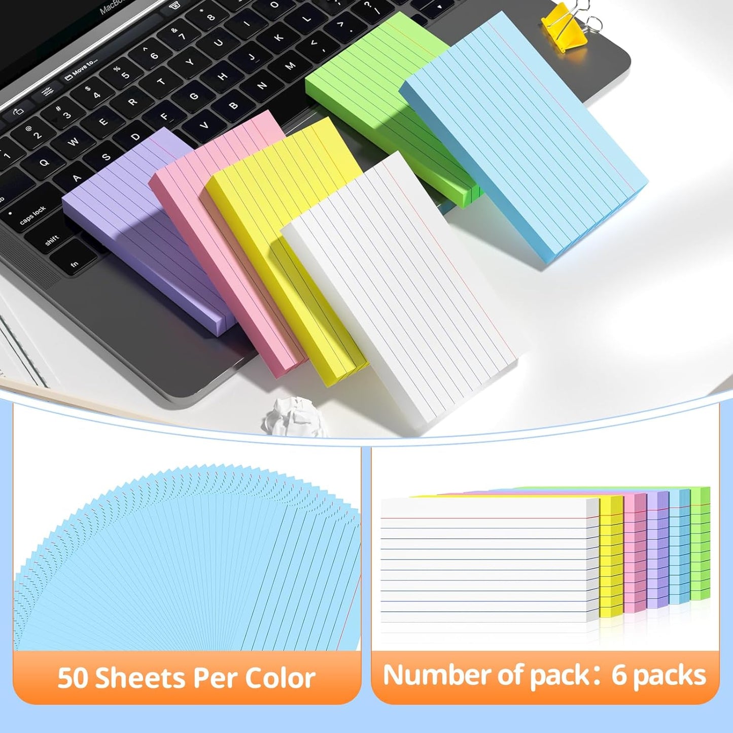 Index Cards 3x5 Inches, 300 PCS, Colored Flash Cards With Ring, Punched Lined Study Card Ruled Flashcards Notecards, Ruled Front And Blank Back, Note Card for School, College And Home