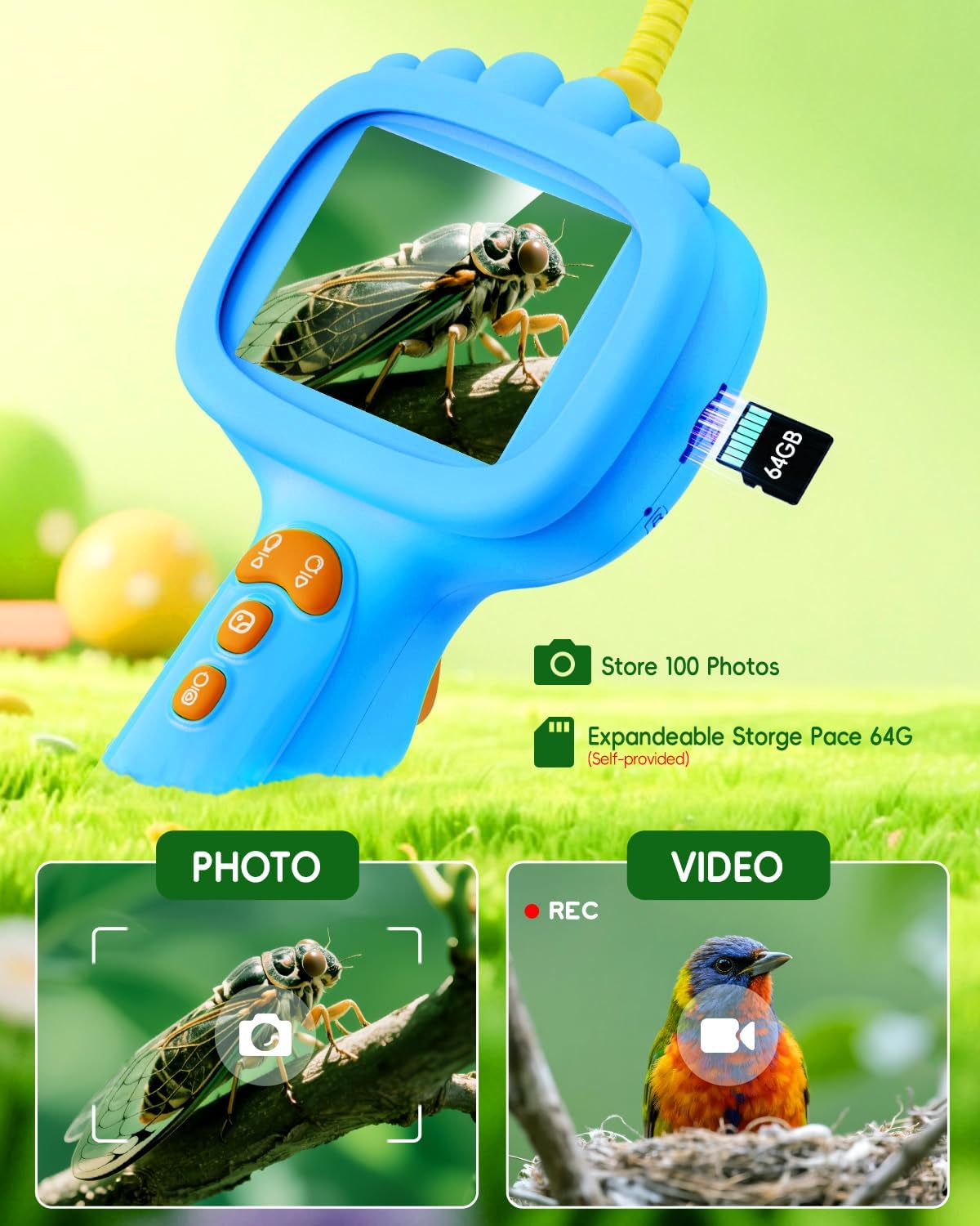 Borescope Camera with Light for Kids, Ashfly STEM Science Educational Toy for 3 4 5 6 7 8 Years Old Boys & Girls, 2.4" Screen Snake Scope Camera for Birthday Outdoor Camping Nature Exploration-Green