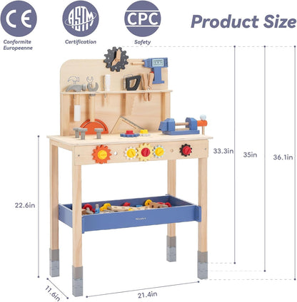 Pillowhale Wooden Kids Tool Bench, Large Size Toddler Workbench Toy with Tools, Gears & Storage, Construction & STEM Building Workshop Tool Bench Toys for Kids Ages 3–6