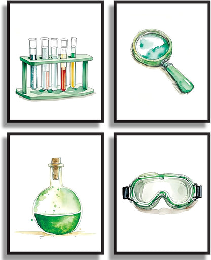 ZRYF Science wall art Prints,Green and Interesting Science Explore Canvas Posters,Chemistry Classroom Wall Prints for Laboratory Kids Classroom Bulletin Board Decor,Set of 4 (8"x10" Unframed)