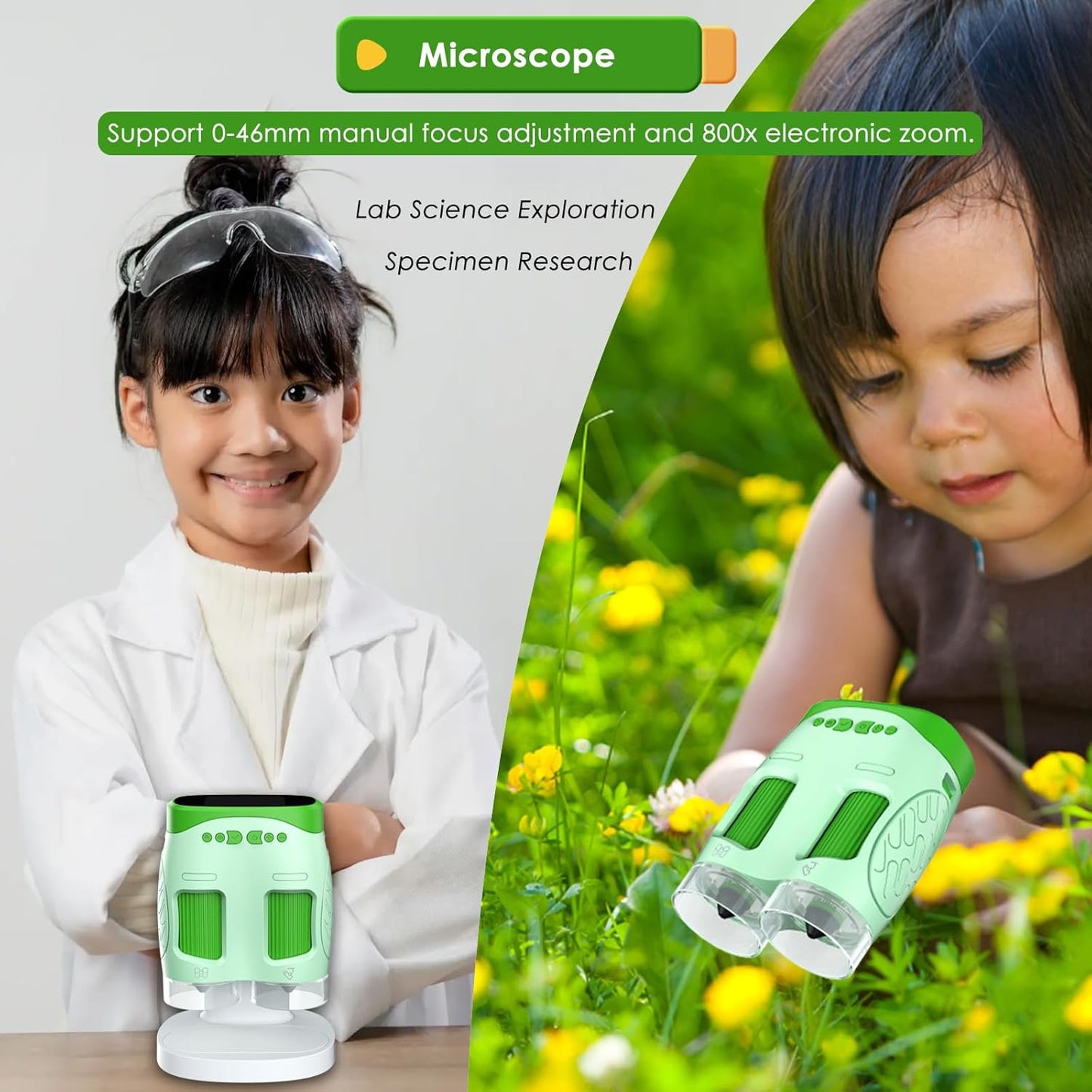 Digital Microscope for Kids, 3-in-1 2" IPS Screen Handheld Electronic Microscope Telescope Digital Camera, 800X Zoom, Taking Videos and Pictures, Adjustable LED Light, 32GB Card Included