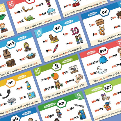 Lachilly Phonics Flash Cards Set, 20 Phonic Stages Cards, Learn to Read in CVC Blends Long Vowels DigraphsSounds for Kids 4-8, Kindergarten Primary School Learning Aids