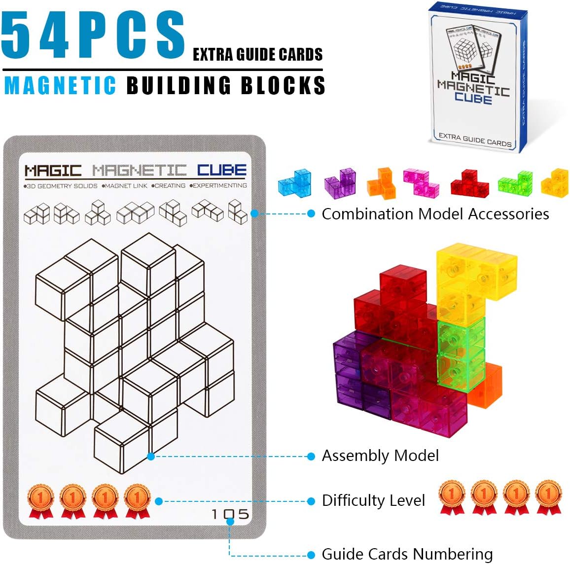 Magic 3D Puzzle Cubes, Set of 7 Multi Shapes Magnetic Blocks with 54 Guide Cards, Intelligence Developing and Stress Relief Fidget Toys