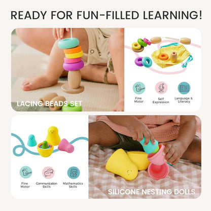 Tiny Land Montessori Baby Toy Set 0-3 Months Newborn Development Sensory Play Kit - 5-in-1 Mirror, Black & White Card Set, Rolling Bell, Play Mat, and Bed Wrap