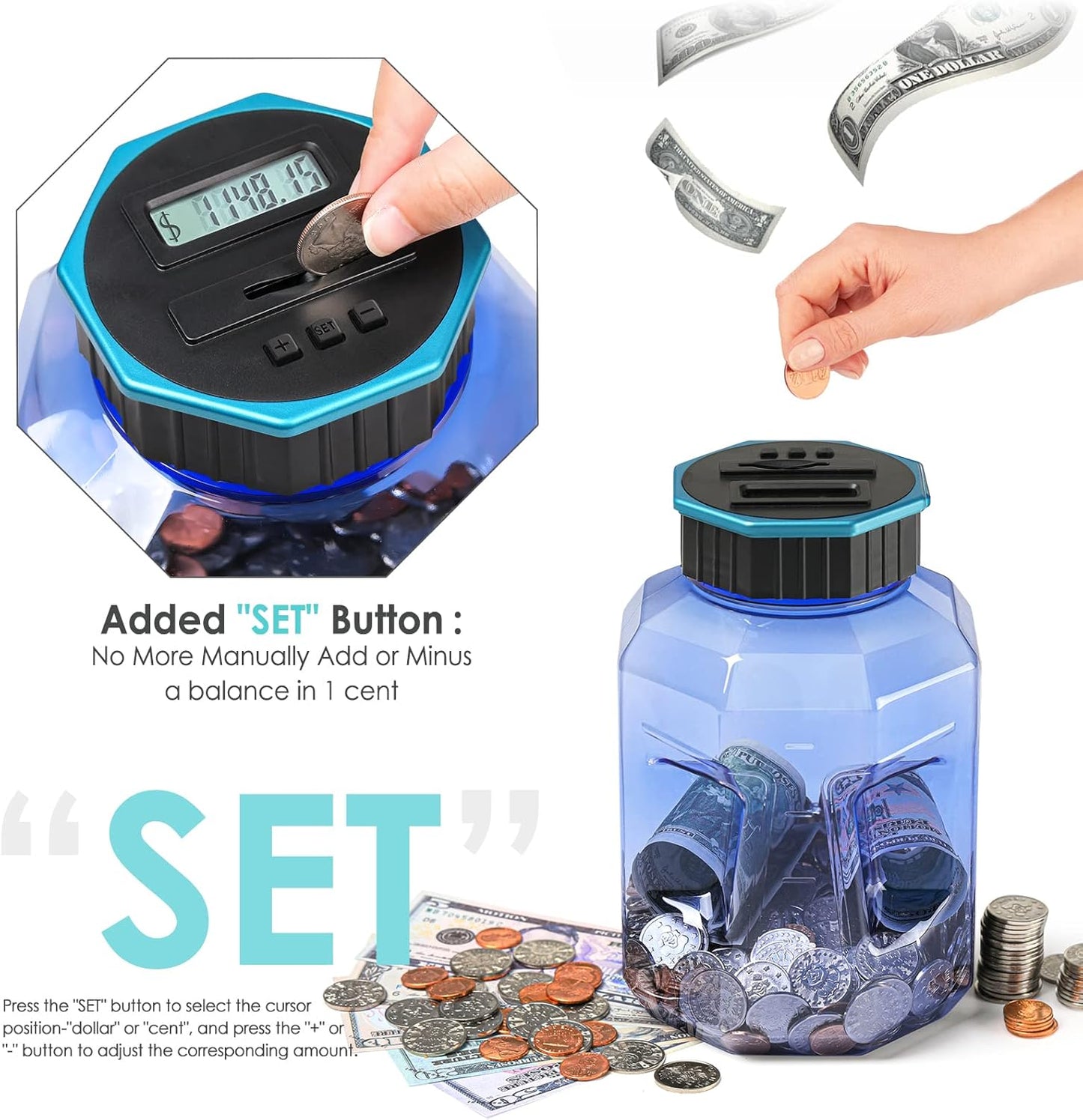 X-Large Piggy Bank for Adults Kids, Vcertcpl Digital Coin Counting Bank with LCD Counter, 2.4L Capacity, Great Coin Counter Bank Money Counting Jar with Total Amount Displayed (Silver, X-Large)