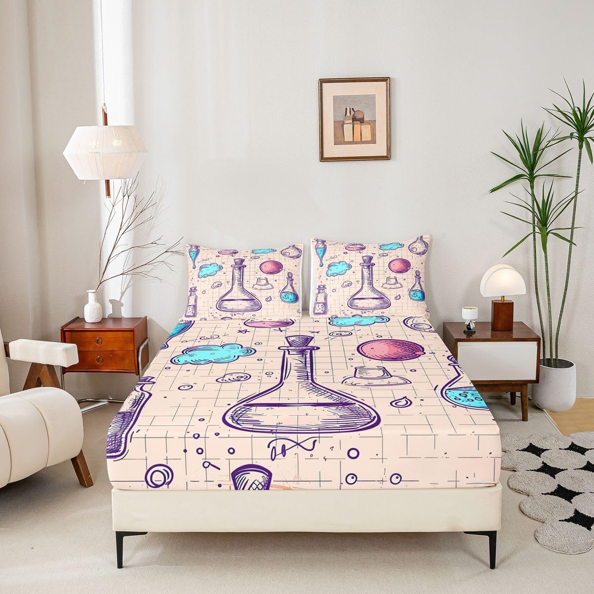 Erosebridal Chemistry Lab Fitted Sheet Twin Size Chemical Equation Bed Sheets for Boys Girls Chemical Elements Science Theme Bed Set Teens Kids Science Students Bedding Set School Dorm Room Decor
