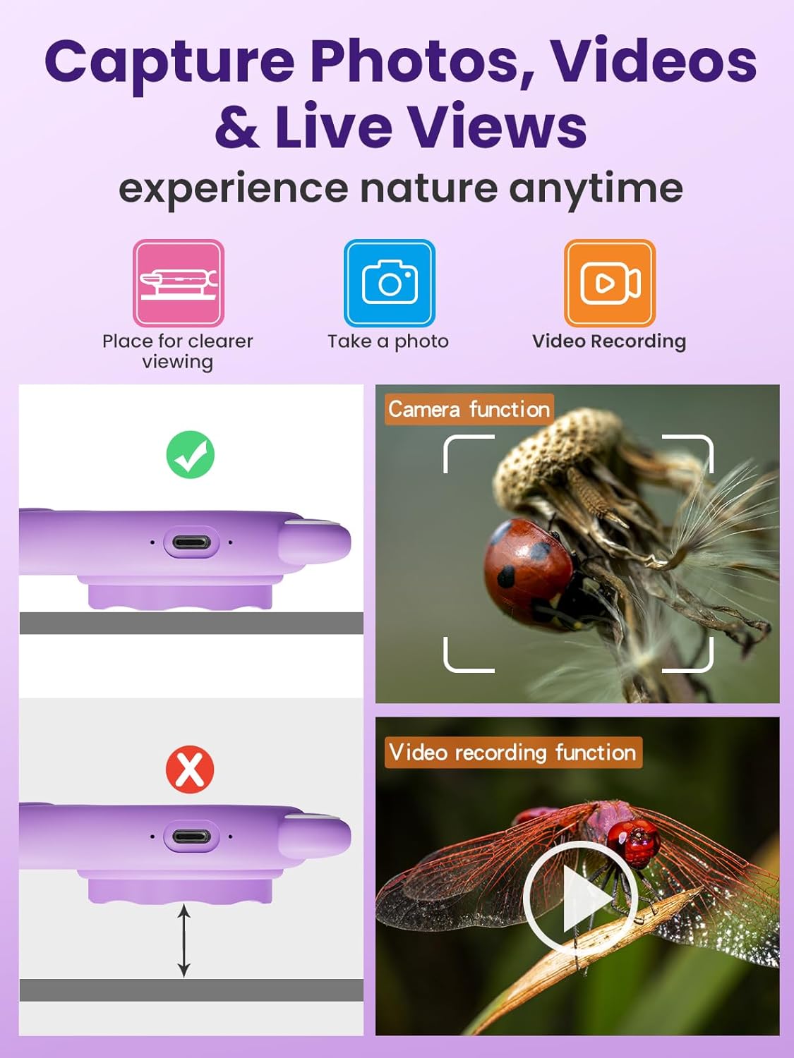 Microscope for Kids, Portable Digital Microscope with 500X Magnifying Glass, Handheld Camera Mini Pocket Magnification, Educational Christmas Birthday Gifts for Ages 4 5 6 7 8 9 10 11 12, Purple