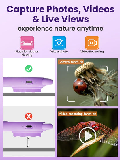 Microscope for Kids, Portable Digital Microscope with 500X Magnifying Glass, Handheld Camera Mini Pocket Magnification, Educational Christmas Birthday Gifts for Ages 4 5 6 7 8 9 10 11 12, Purple