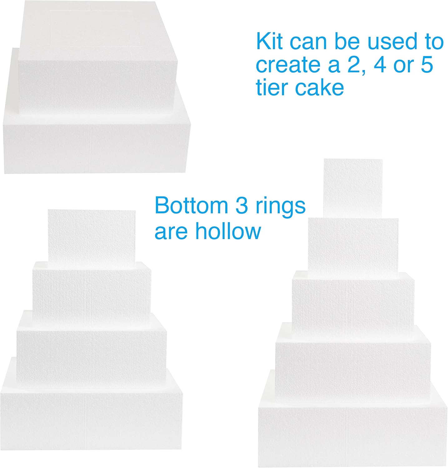 Silverlake 5-Tier Square Cake Dummy Set - Nesting 4" H x 4,6,8,10 & 12" W Blocks for Styrofoam Baking Display Projects