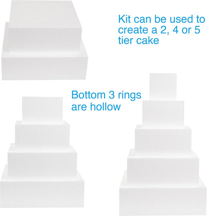 Silverlake 5-Tier Square Cake Dummy Set - Nesting 4" H x 4,6,8,10 & 12" W Blocks for Styrofoam Baking Display Projects