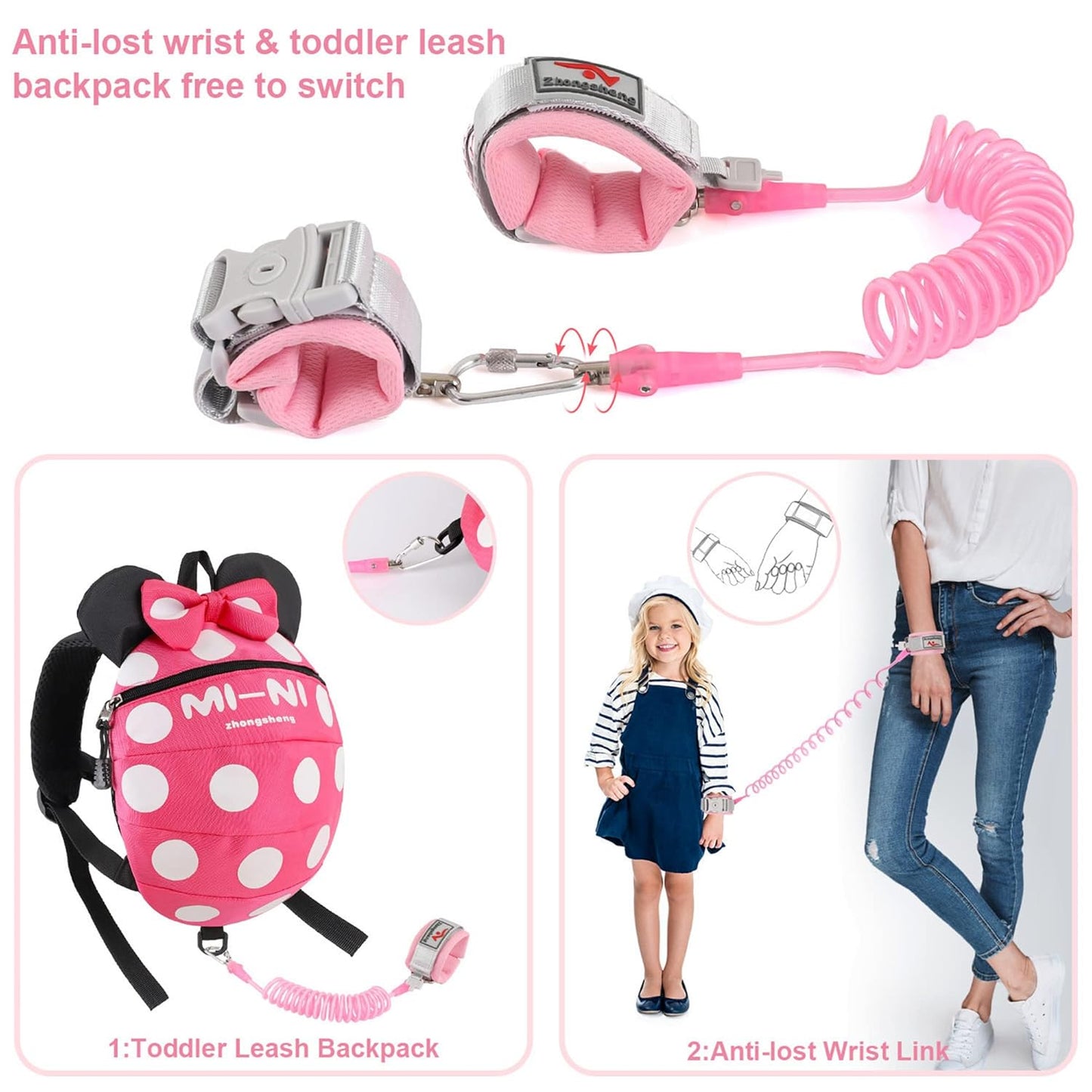 CZSYZCZS Toddlers Leash + Anti Lost Wrist Link Child Kids Safety Harness Kids Walking Wristband Assistant Strap Belt (pink)