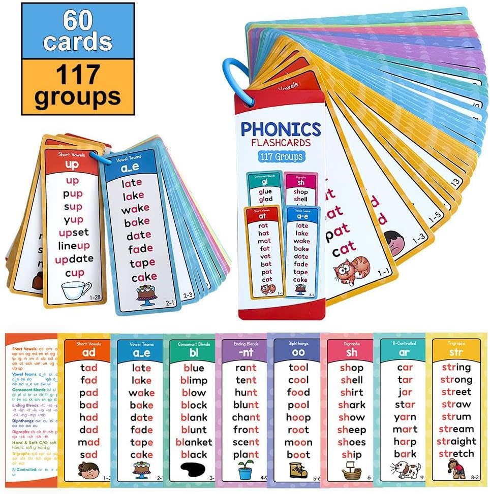 Phonics Word Cards for Beginners Learn to Read & Spell, 117 Sound Groups 900+ Words, Double Sided Flashcards Set for Fun Learning Activities