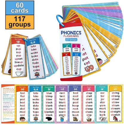 Phonics Word Cards for Beginners Learn to Read & Spell, 117 Sound Groups 900+ Words, Double Sided Flashcards Set for Fun Learning Activities