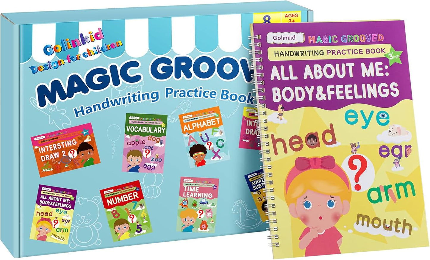 Golinkid Magic Grooved Writing Practice, grooved Handwriting Practice for Kids 8 Books, Preschool workbook for Ages 3-10 with 6 Magic pens 10 Ink Refills, 3 Pencil Grips for Kids Handwriting