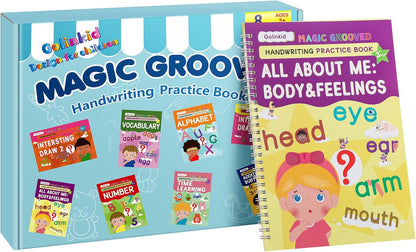 Golinkid Magic Grooved Writing Practice, grooved Handwriting Practice for Kids 8 Books, Preschool workbook for Ages 3-10 with 6 Magic pens 10 Ink Refills, 3 Pencil Grips for Kids Handwriting