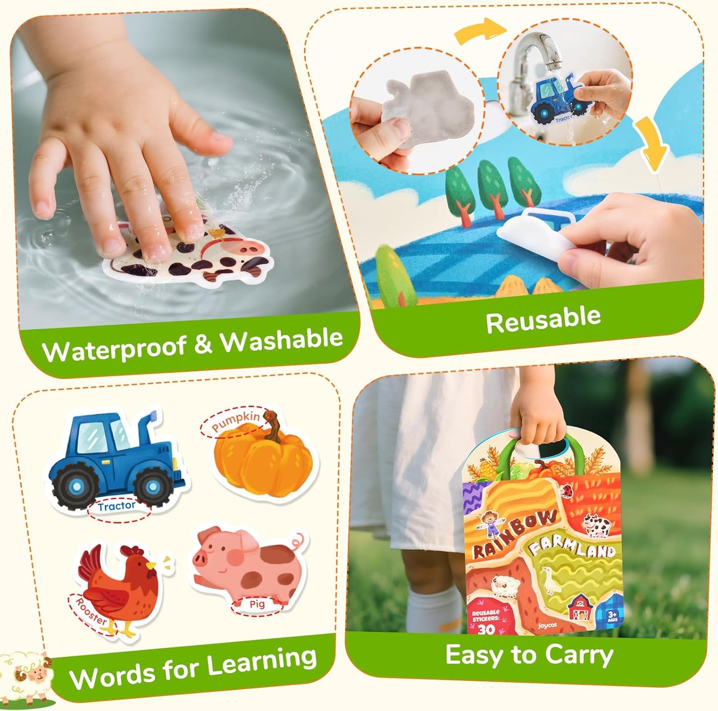 JoyCat Reusable Sticker Book Set (3-Pack): Farm, Pizza-Making, Weather - 90 Pcs Stickers for Toddlers, Kids Sticker Activity Book, Road Trip Travel Toys, Birthday Gifts for Boys and Girls