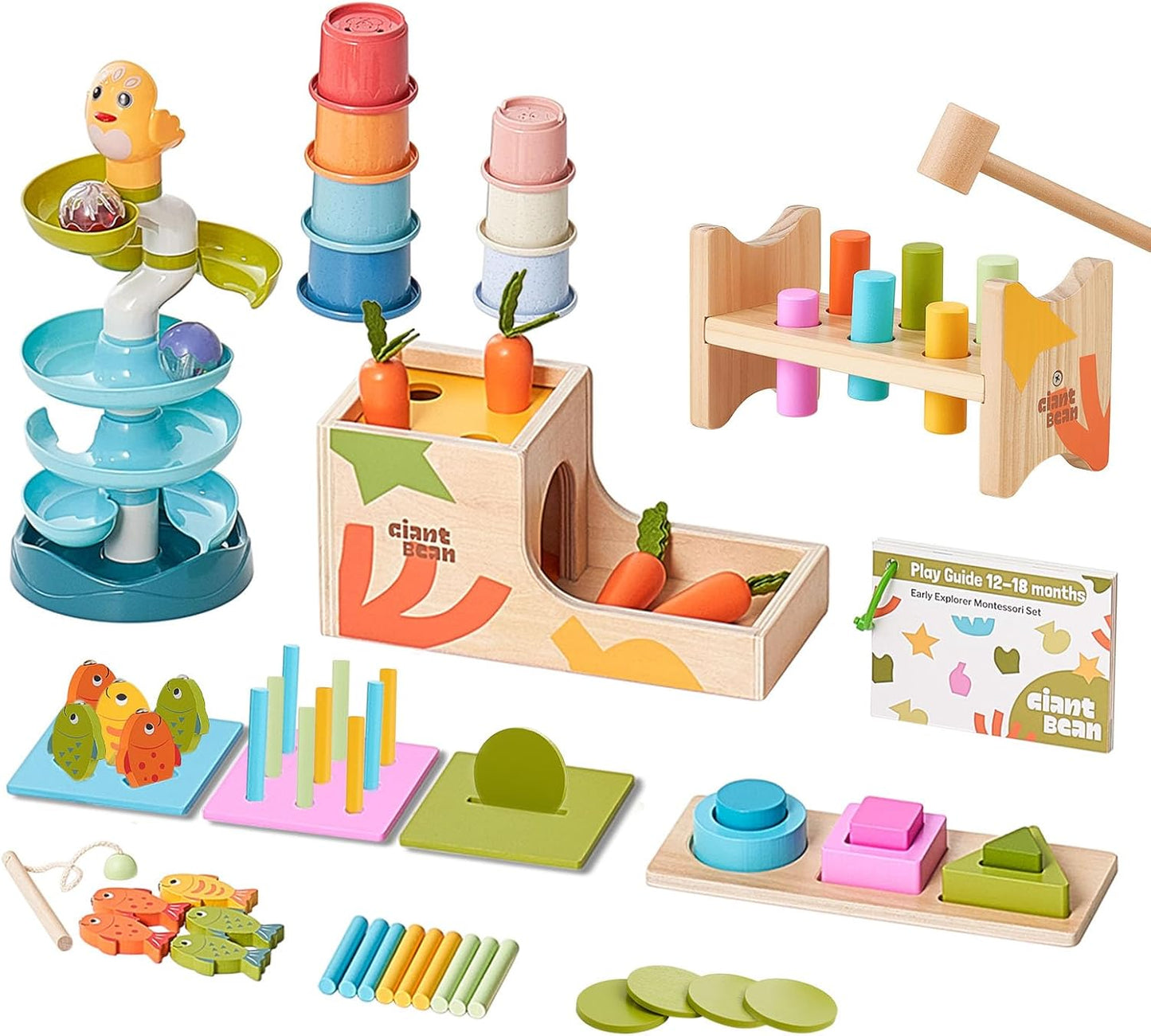 Giant bean Montessori Toys for Baby, 6-in-1 Wooden Early Education Learning Toys with Sensory Teething,Object Permanence Box,Shape Sorting Stacking Ring,Mirror Puzzle,Christmas Toy for Kid 1 2 3