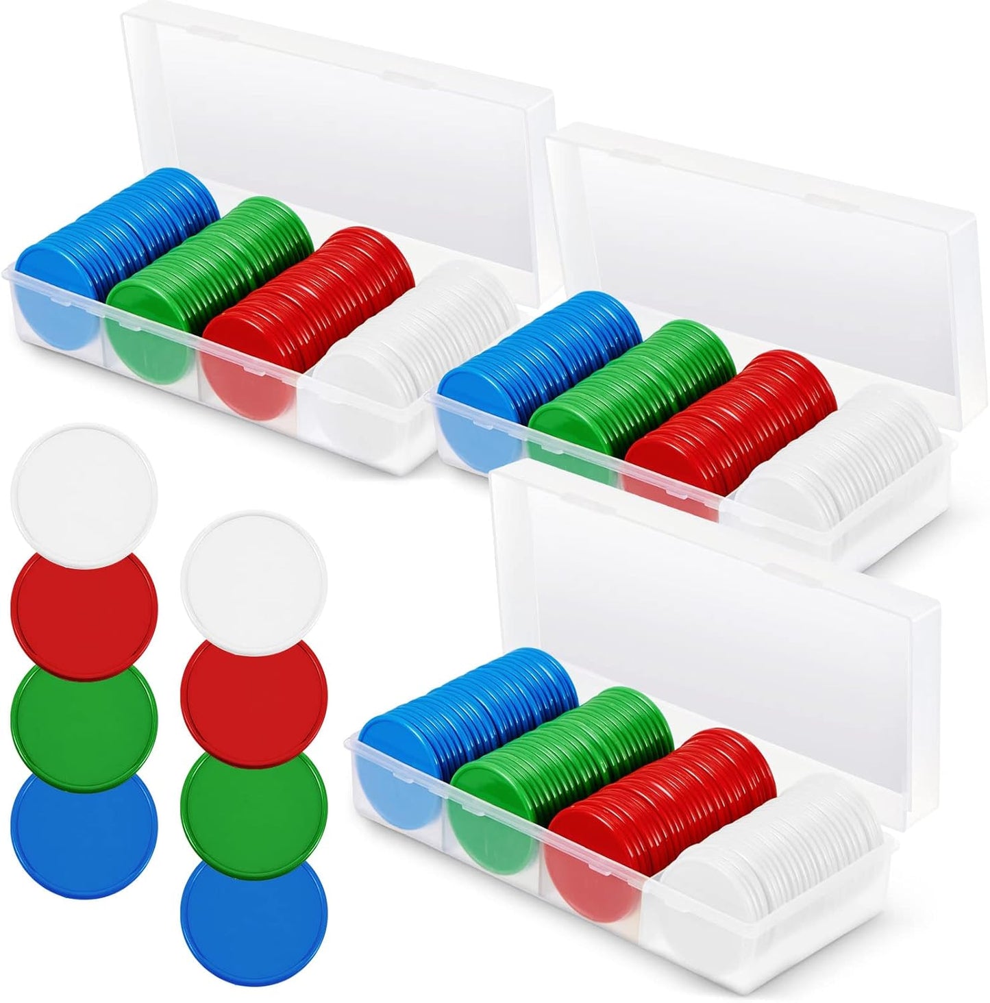 Lewtemi Set of 300 Opaque 1.45 Inch Plastic Poker Chips Plastic Learning Counting Counters Poker Chips Tokens with Storage Box for Adults Casino Card Play Learning Math(Blue, Red, Green, White)