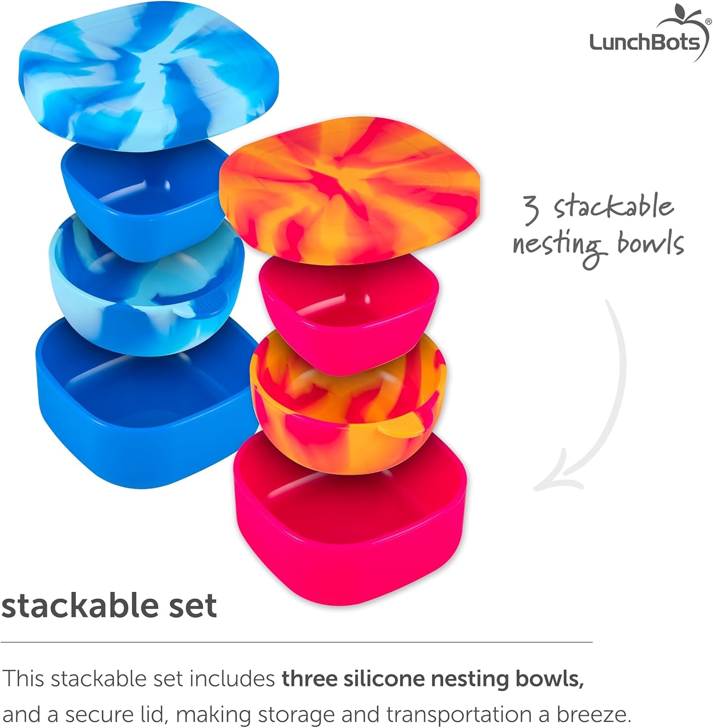 LunchBots Silicone Suction Bowl for Baby & Toddler, Stackable Nesting Bowl Set of 3 with Lid for Feeding, Portable Travel Bowls, Dishwasher Safe, 5/8/17 oz (Blue/Green)