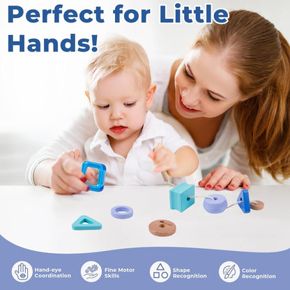 Blue Montessori Stringing Beads Set, Montessori Wooden Beads Threading Toy for Toddlers 1 2 3 Years Old, Fine Motor Skills Educational Learning Toys for Preschool Kids Gifts (Purple)