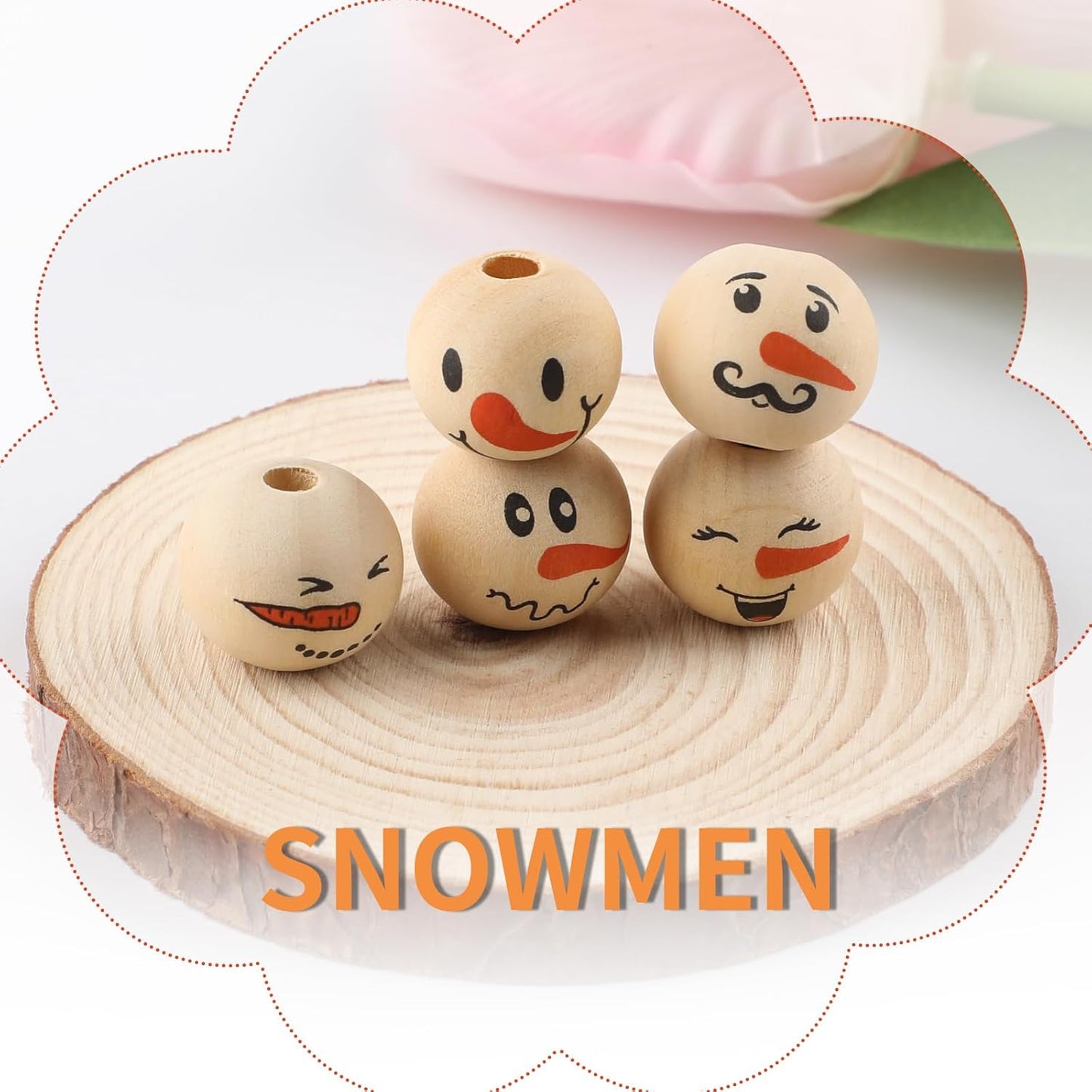 50PCS Christmas Snowman Wooden Bead, 20mm Winter Craft Wood Round Beads Natural Wood Beads for Xmas Tree Hanging Decoration Winter Holiday Garland Making DIY Craft Supplies