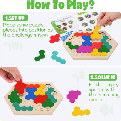 Yunsailing 3 Pack Large Hexagon Tangram Puzzle Wooden Brain Puzzles for Adult Challenge Wood Russian Blocks Brain Teasers Geometric Jigsaw Block Logic Iq Stem Family Graduation Gifts(Vintage)