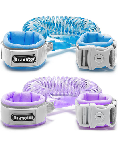 Dr.meter Toddler Leash, 2 Pack Safety Anti Lost Wrist Link with Key Lock, Reflective Child Walking Harness, 8.2ft Blue + 4.92ft Orange Kids Leash for Supermarket Mall Airport Amusement Park Zoo Travel