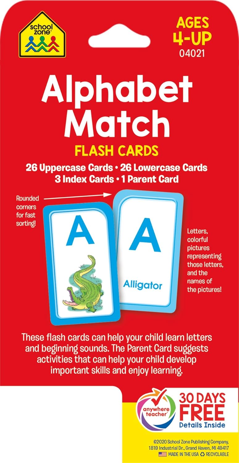 School Zone Alphabet Match Flash Cards: 56 Cards, Preschool, Kindergarten, ABC's, Letters, Matching, Beginning Sounds, Letter-Picture Recognition, Ages 4+