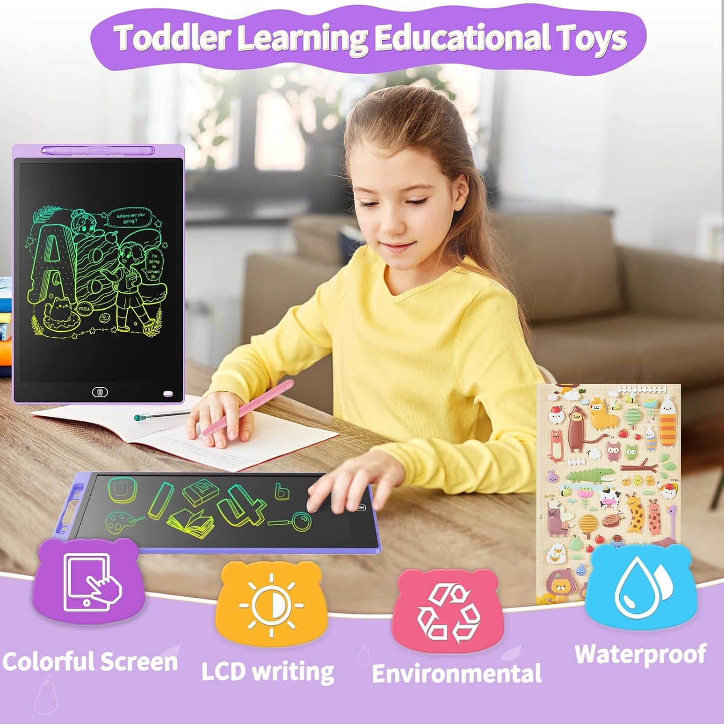 [2 Pack] Genialba LCD Writing Tablet 12-Inch Colorful Doodle Board, Toddler Learning Educational Toys Gifts for 3-8 Years Old Girls and Boys, Electronic Drawing Pad for Kids (Pink&Blue)