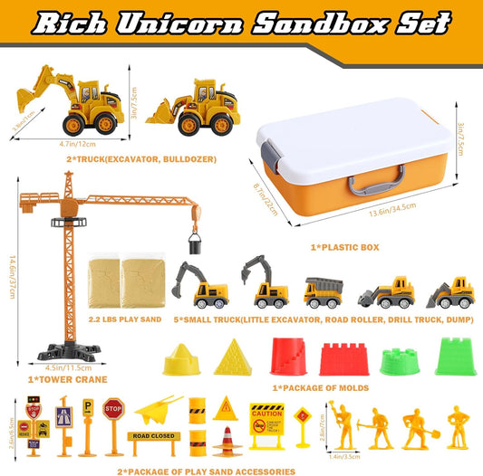Sand Construction Kit - Play Sand Art Kit with 7 Construction Truck, 2lbs Magic Sand, Castle Molds, Crane, Worker Figures and Road Signs, Construction Sensory Bin for Preschool Learning for kids 3+