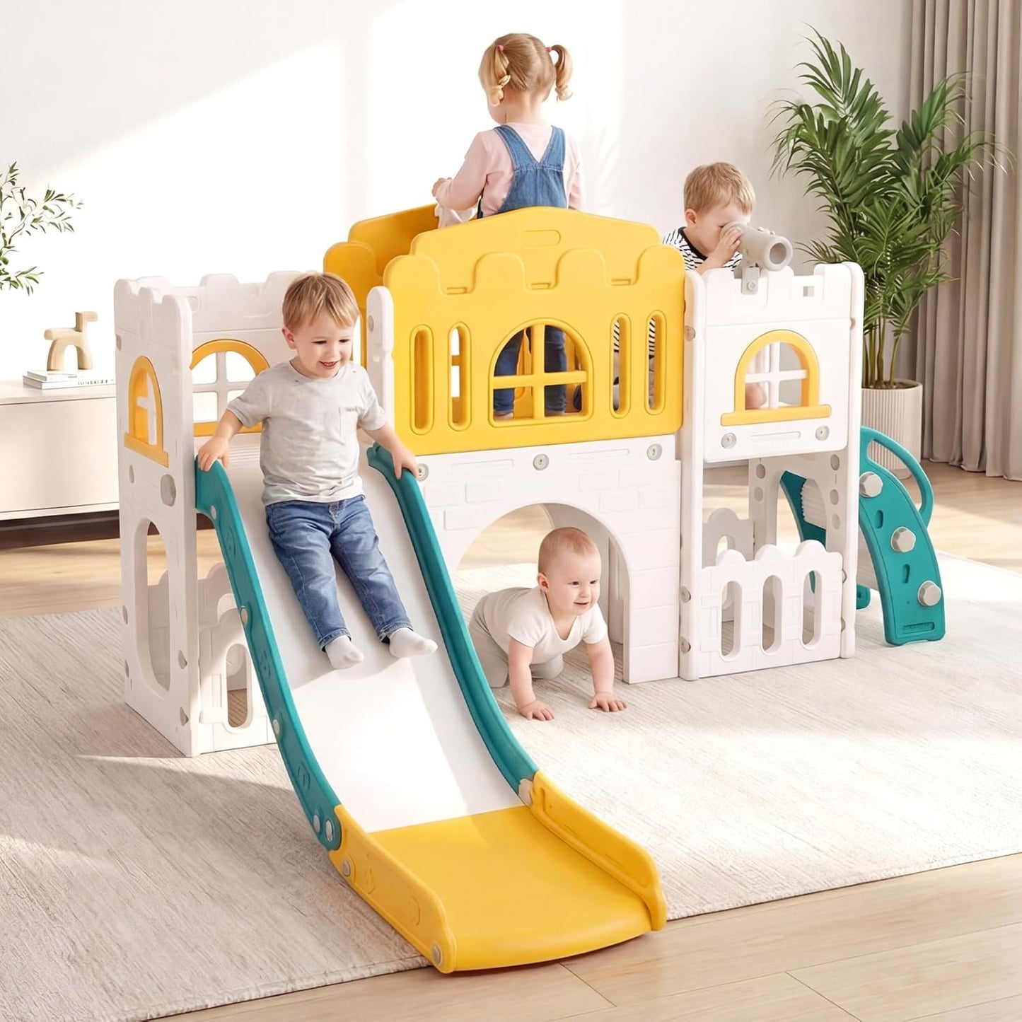 OLAKIDS Toddler Slide and Swing Set, 7 in 1 Kids Indoor Outdoor Playground with Climber Basketball Hoop Telescope Toy Storage for Boys Girls Aged 1+ (Grey)
