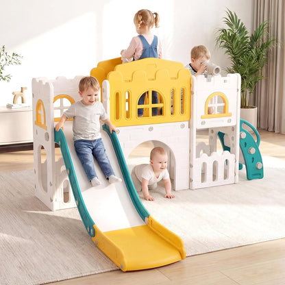 OLAKIDS Toddler Slide and Swing Set, 7 in 1 Kids Indoor Outdoor Playground with Climber Basketball Hoop Telescope Toy Storage for Boys Girls Aged 1+ (Grey)