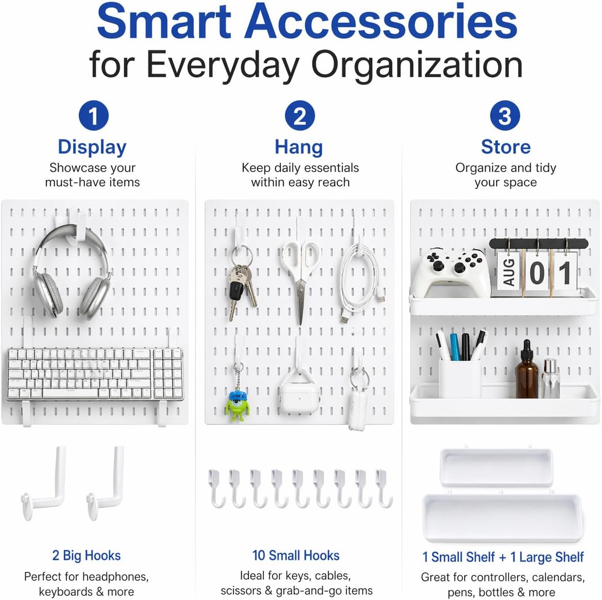 Pegboard Wall Organizer Kit – Heavy Duty 20lbs Load Bearing, Easy Installation, 4 Peg Board Panels 14 Accessories – Multi-Surface Use For Garage, Office, Kitchen & Crafts (White Pegboard,24″×24″)
