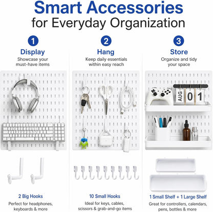 Pegboard Wall Organizer Kit – Heavy Duty 20lbs Load Bearing, Easy Installation, 4 Peg Board Panels 14 Accessories – Multi-Surface Use For Garage, Office, Kitchen & Crafts (White Pegboard,24″×24″)