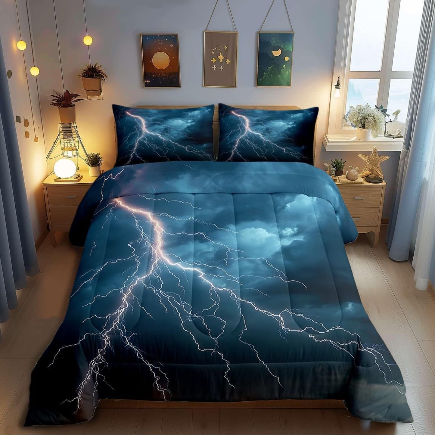 Castle Fairy Drum Kit Comforter Set,Musical Instruments Bedding Set for Kids Girls Women,Adults Rock Music Comforter,Neon Lighting Quilted Duvet Set Bedroom Collection Twin Size 2Pcs