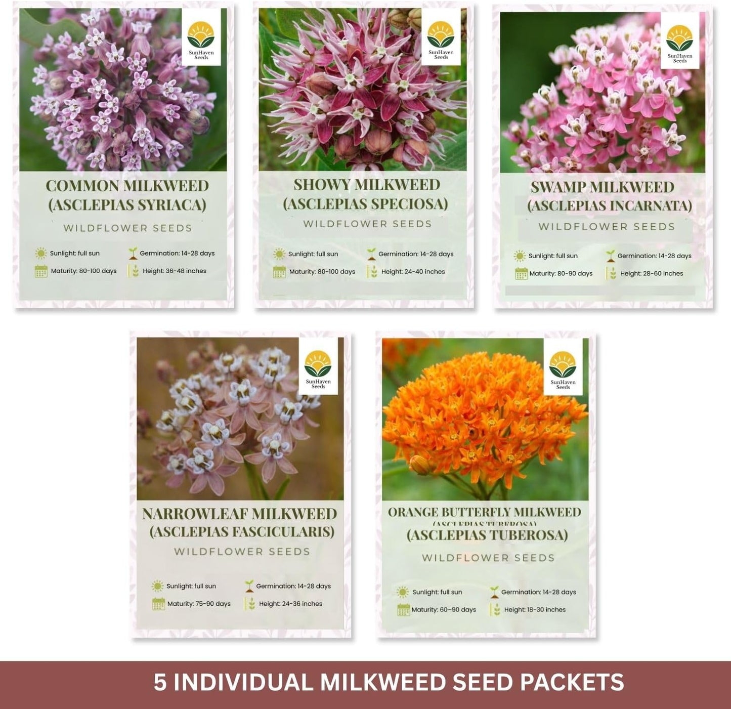 Native Milkweed Variety Pack - 5 Essential Species for Monarch Butterfly Gardens - Common, Swamp, Butterfly Weed, Showy & Narrowleaf - Non-GMO Native Wildflower Seeds for Pollinators