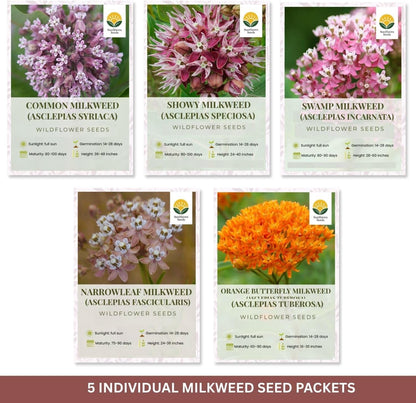 Native Milkweed Variety Pack - 5 Essential Species for Monarch Butterfly Gardens - Common, Swamp, Butterfly Weed, Showy & Narrowleaf - Non-GMO Native Wildflower Seeds for Pollinators