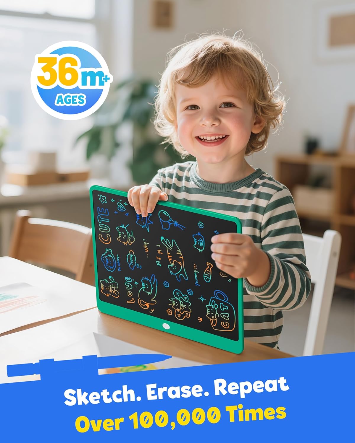 TEKFUN LCD Writing Tablet for Kids, 10-inch Coloring Drawing Pad, Mess Free Doodle Board, Airplane Travel Toys for Boys and Toddlers, Road Trip Essentials, Gifts for 3 4 5 6 7 8 Year Old Girls(Blue)