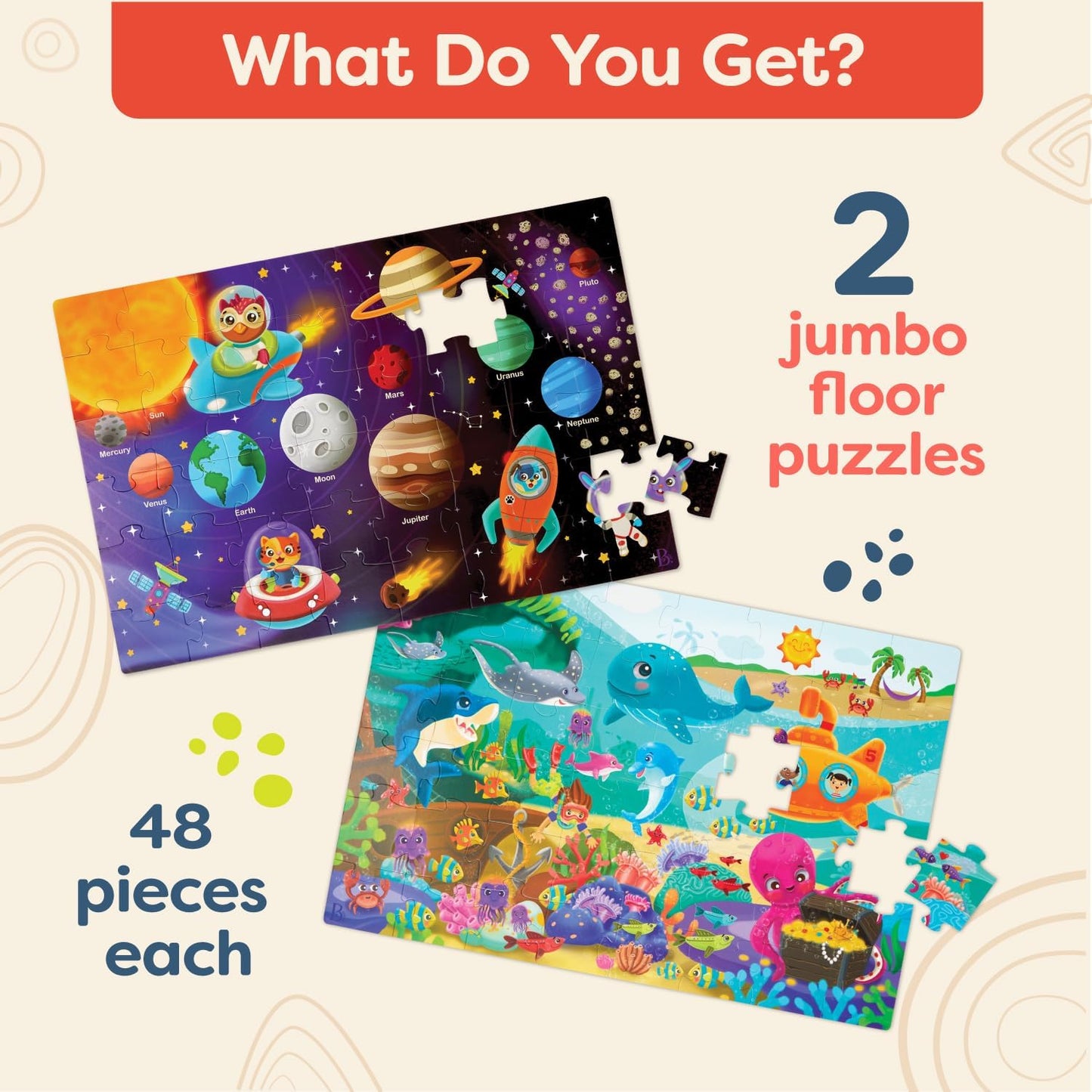 B. toys – Under The Sea Floor Puzzle – Kids Puzzles Jigsaw Puzzles – 48 Pieces Kids Puzzle with Ocean Animals – Educational 24 x 36-Inch Learning Toy for 3+ Years – Colorful Marine Life Adventure-Inch