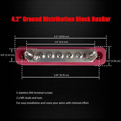 2 x #10 (M5) Studs Power Distribution Block with 5 x #8 (M4) Screws, Ampper 4.2" Bus Bar 12V Power Distribution Terminal Block Battery Busbar for Car Audio Solar (Red & Black)