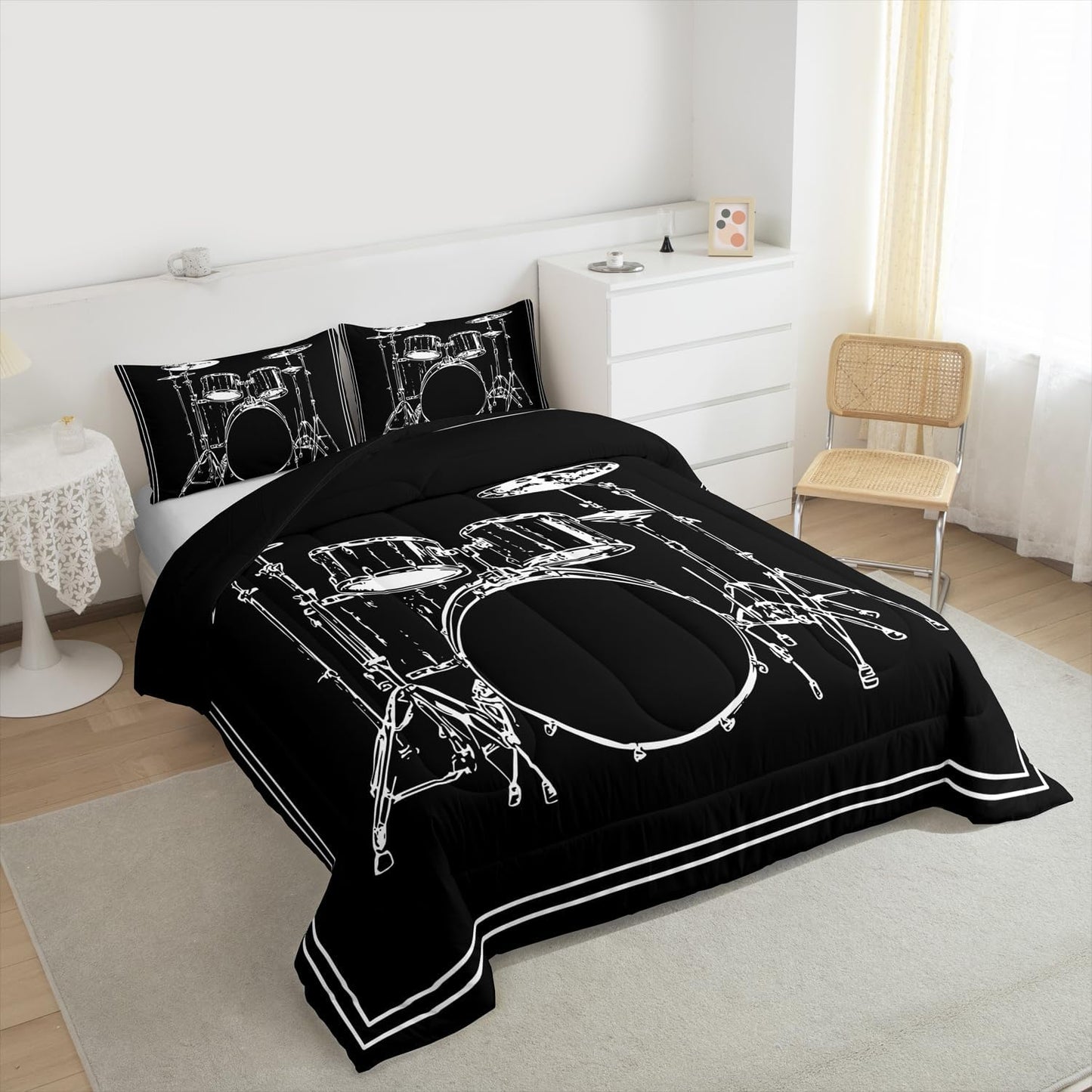Erosebridal Drum Kit 3D Print Kids Comforter Sets Rock Music Themed Full Bedding Set for Boys Girls Musical Pattern Comforter Set,Colorful Retro Style Quilt Duvet 3 Pcs