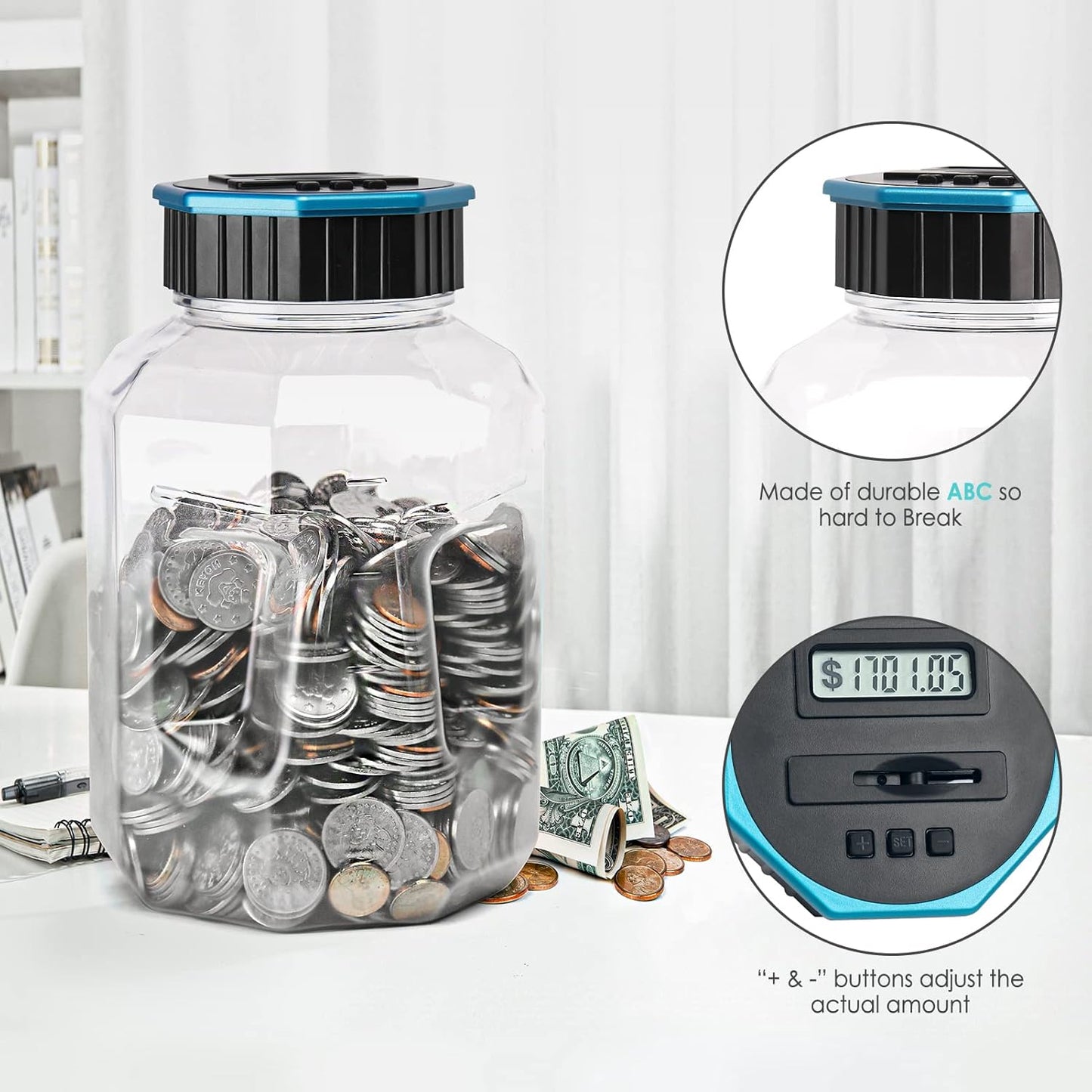 X-Large Piggy Bank for Adults Kids, Vcertcpl Digital Coin Counting Bank with LCD Counter, 2.4L Capacity, Great Coin Counter Bank Money Counting Jar with Total Amount Displayed (Silver, X-Large)