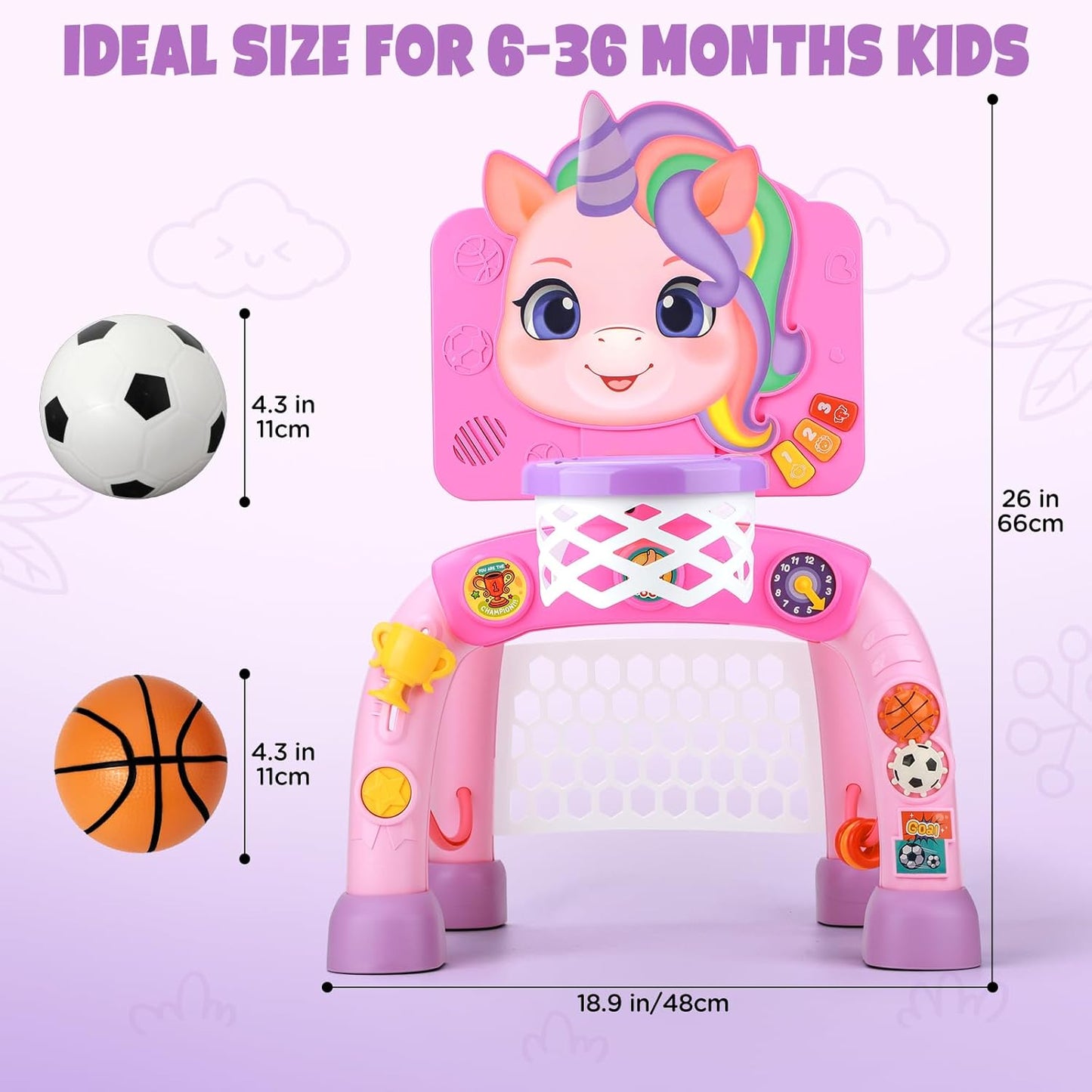 Liberry Toddler Basketball Hoop & Soccer Goal for 1 2 3 Year Old Girls Boys, Kids Sports Toy with Lights Sounds Music, Interactive Christmas Birthday Gift for Baby, Pink