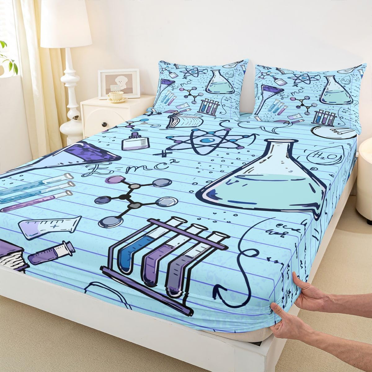 Erosebridal Chemistry Lab Fitted Sheet Twin Size Chemical Equation Bed Sheets for Boys Girls Chemical Elements Science Theme Bed Set Teens Kids Science Students Bedding Set School Dorm Room Decor