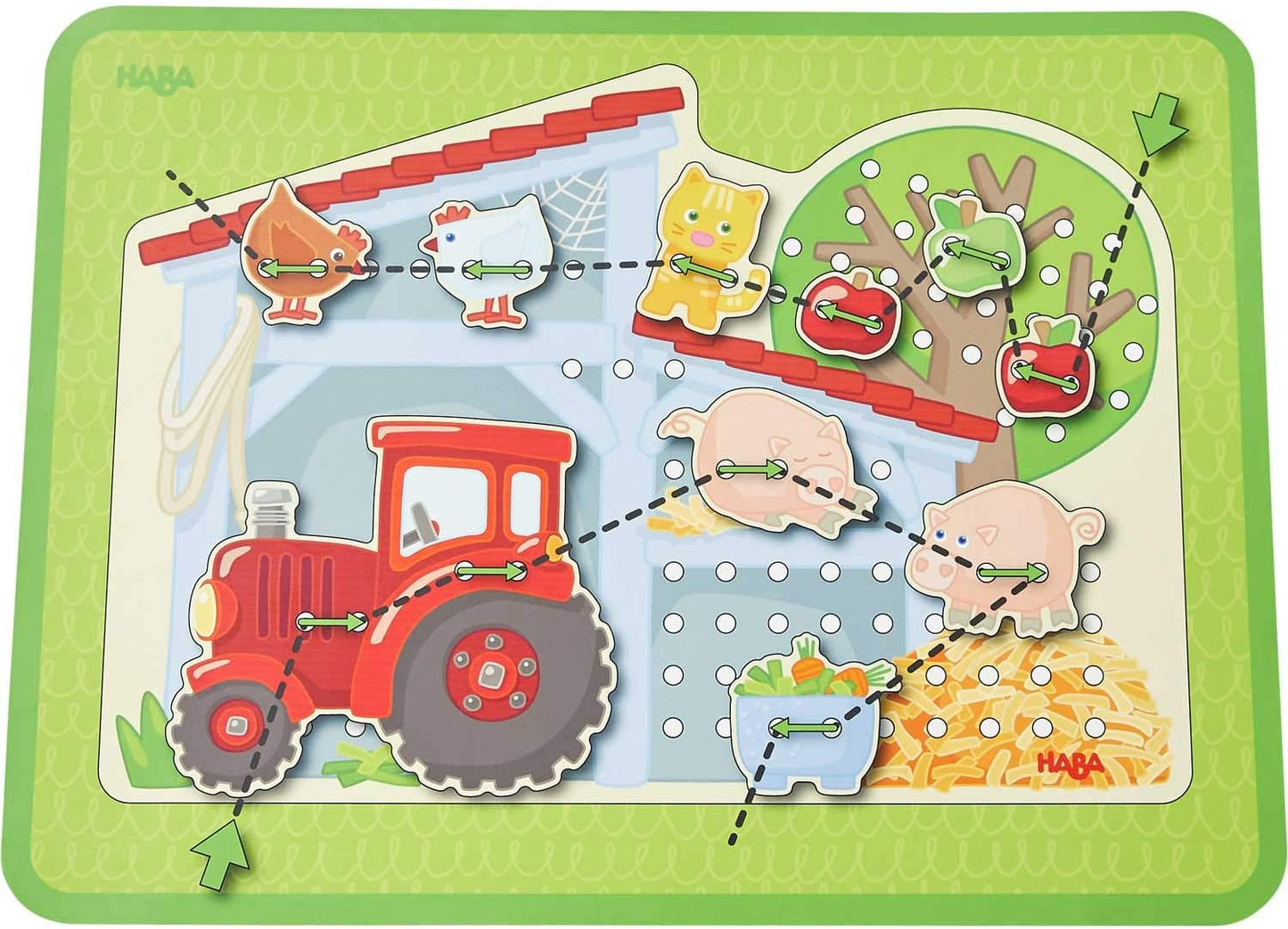 HABA Farm Threading Game with 18 Barn Yard Themed Wooden Tiles and Template Cards
