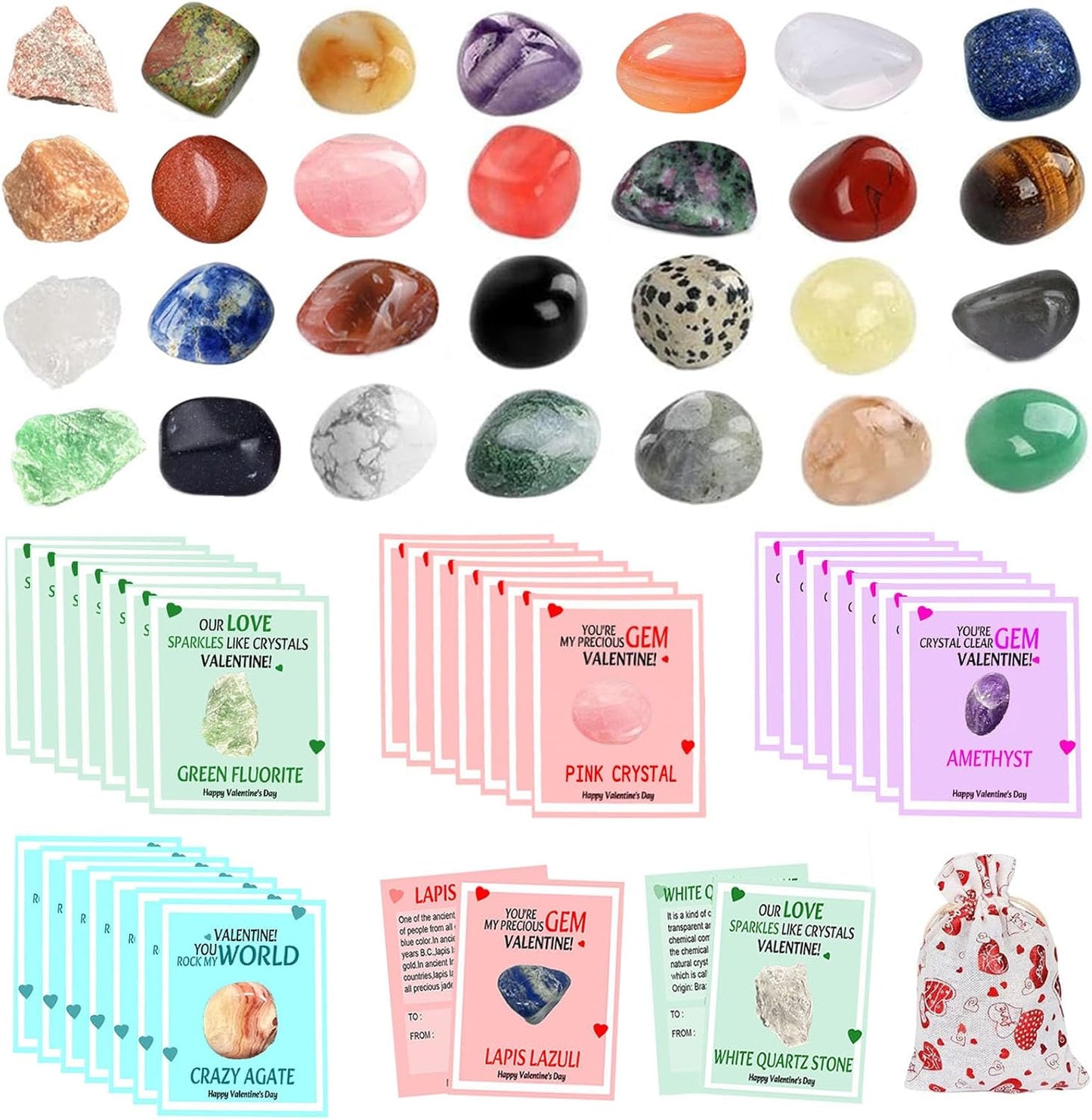 Valentines Day Cards for Kids School - 28 Pack Valentines Day Cards Gemstone Crystals Rocks Minerals Bulk for Boys Girls Exchange Gifts Class Classroom Party Favors