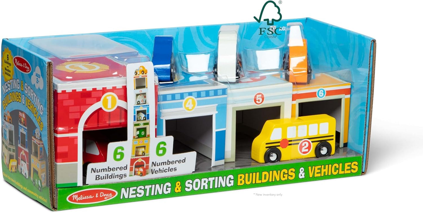 Melissa & Doug Nesting and Sorting Blocks - 6 Buildings, 6 Wooden Vehicles - FSC Certified