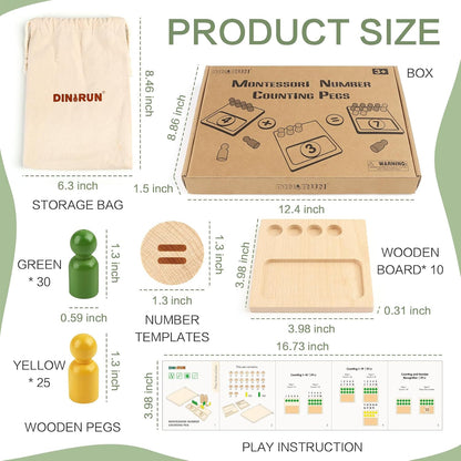 DINORUN Educational Toys for 3 4 5 Year Old Boy Girls Gifts - Preschool Learning Math and Numbers for Toddler 3+ - Math Manipulatives for Kids 3-6 - Montessori Wooden Counting Peg Board Materials