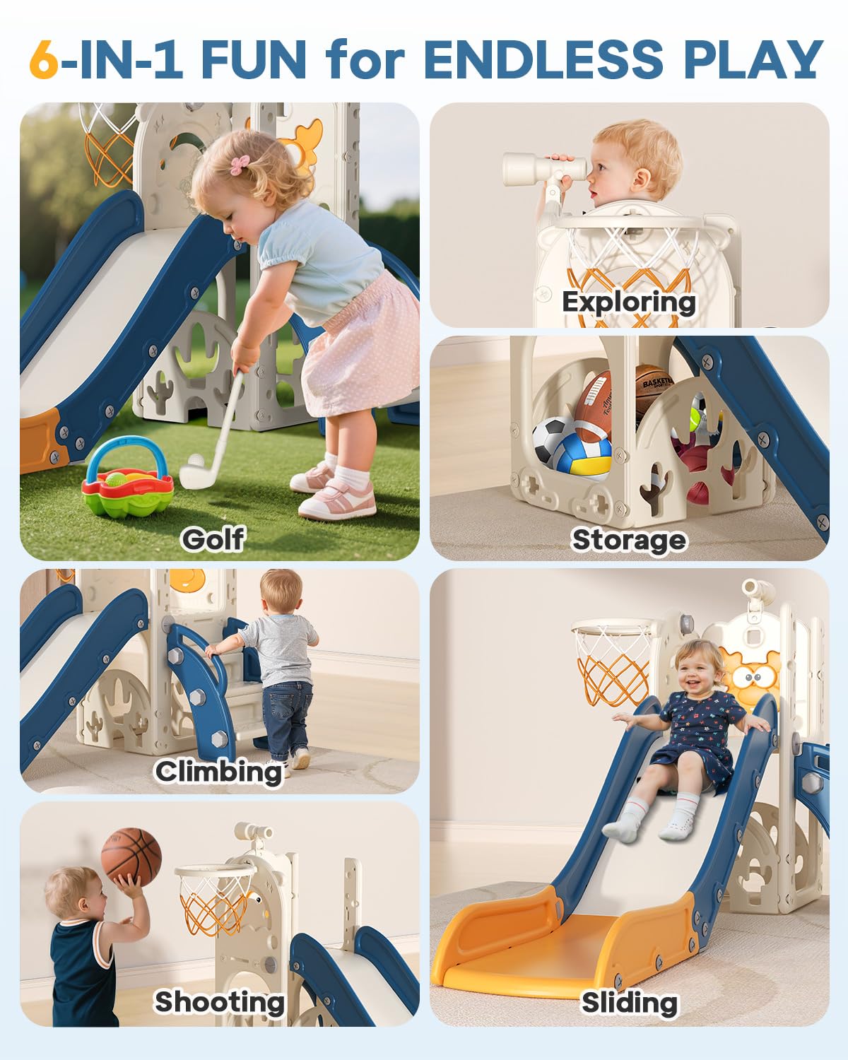 BIERUM Toddler Slide for Kids,6-in-1 Indoor Outdoor Toddler Slides Playground with Basketball Hoop, Golf Game & Telescope, L-Shaped Baby Slide Climber Playset, Cream&Gray