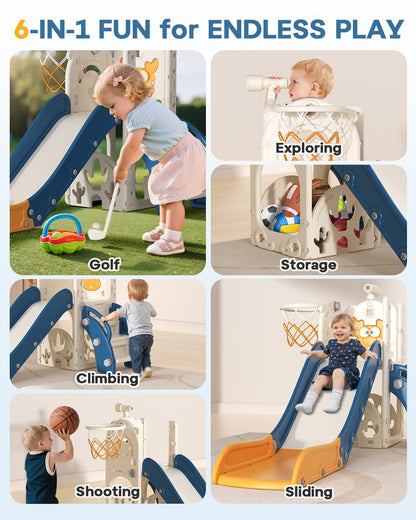 BIERUM Toddler Slide for Kids,6-in-1 Indoor Outdoor Toddler Slides Playground with Basketball Hoop, Golf Game & Telescope, L-Shaped Baby Slide Climber Playset, Cream&Gray